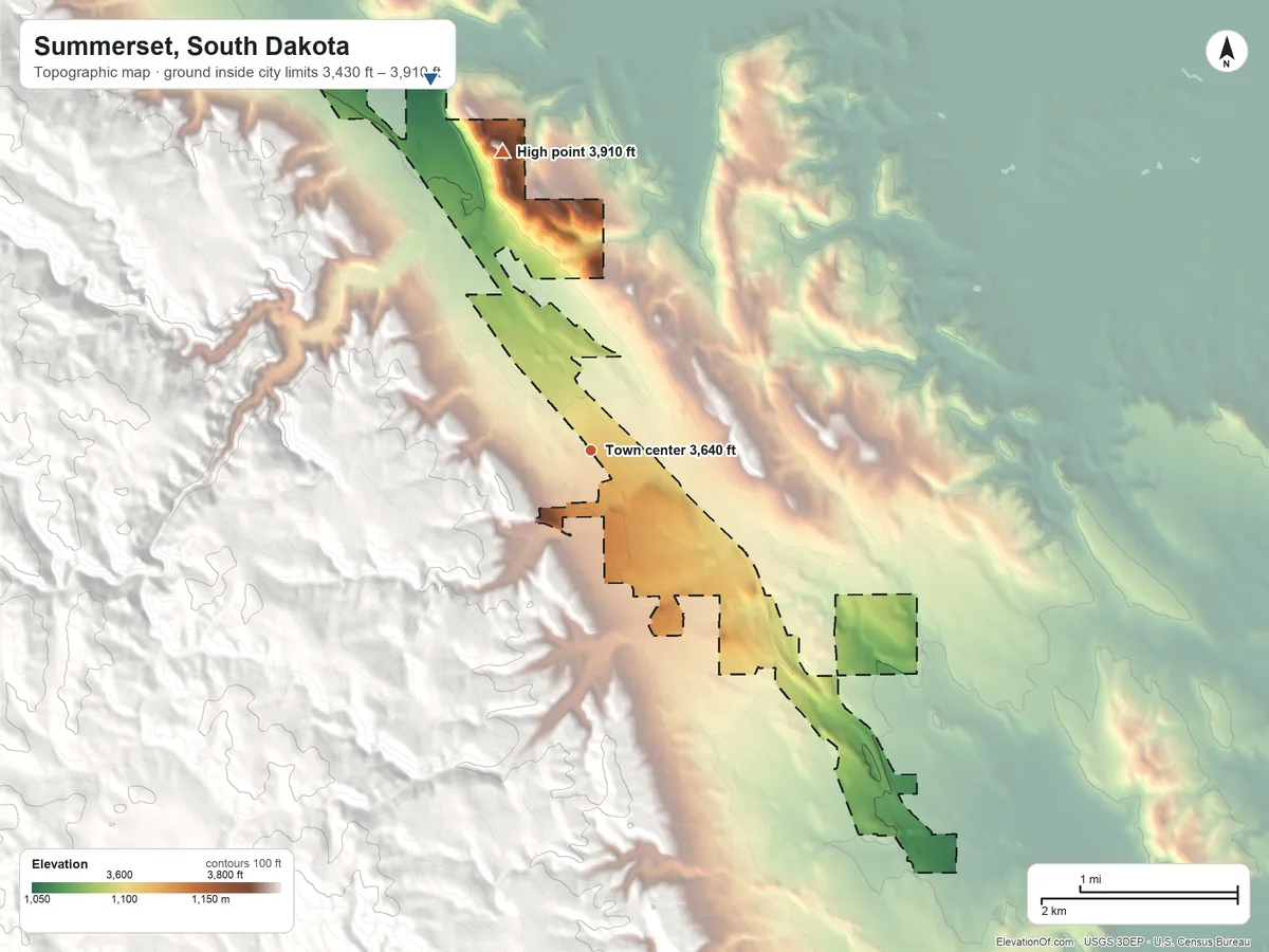 Topographic elevation map of Summerset, South Dakota, shaded from 3,430 ft on the northwest side to 3,910 ft on the north side