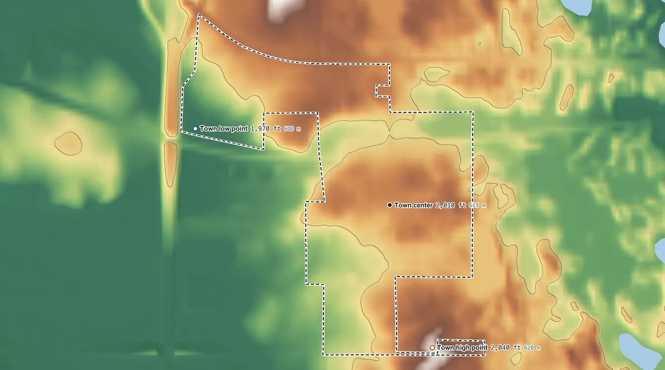 Topographic elevation map of Summit, South Dakota, shaded from 1,970 ft on the west side to 2,040 ft on the south side