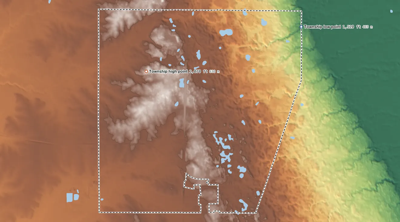 Topographic elevation map of Summit Township, Roberts County, South Dakota, shaded from 1,520 ft on the northeast side to 2,070 ft on the northwest side