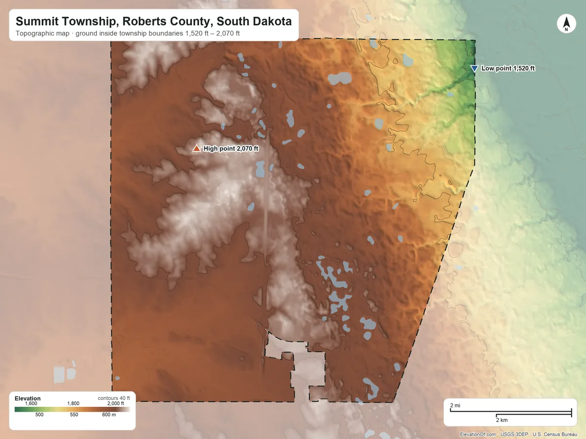 Topographic elevation map of Summit Township, Roberts County, South Dakota, shaded from 1,520 ft on the northeast side to 2,070 ft on the northwest side