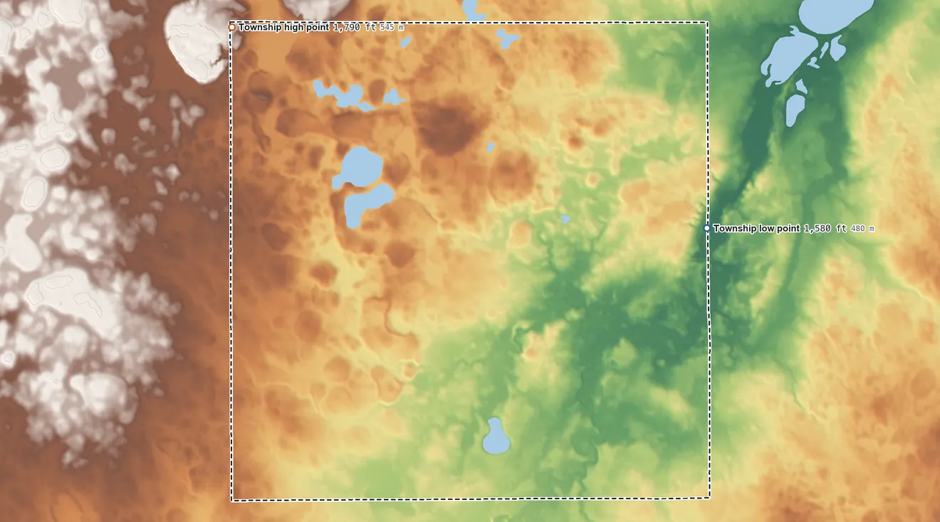 Topographic elevation map of Summit Township, South Dakota, shaded from 1,580 ft on the northeast side to 1,790 ft on the northwest side