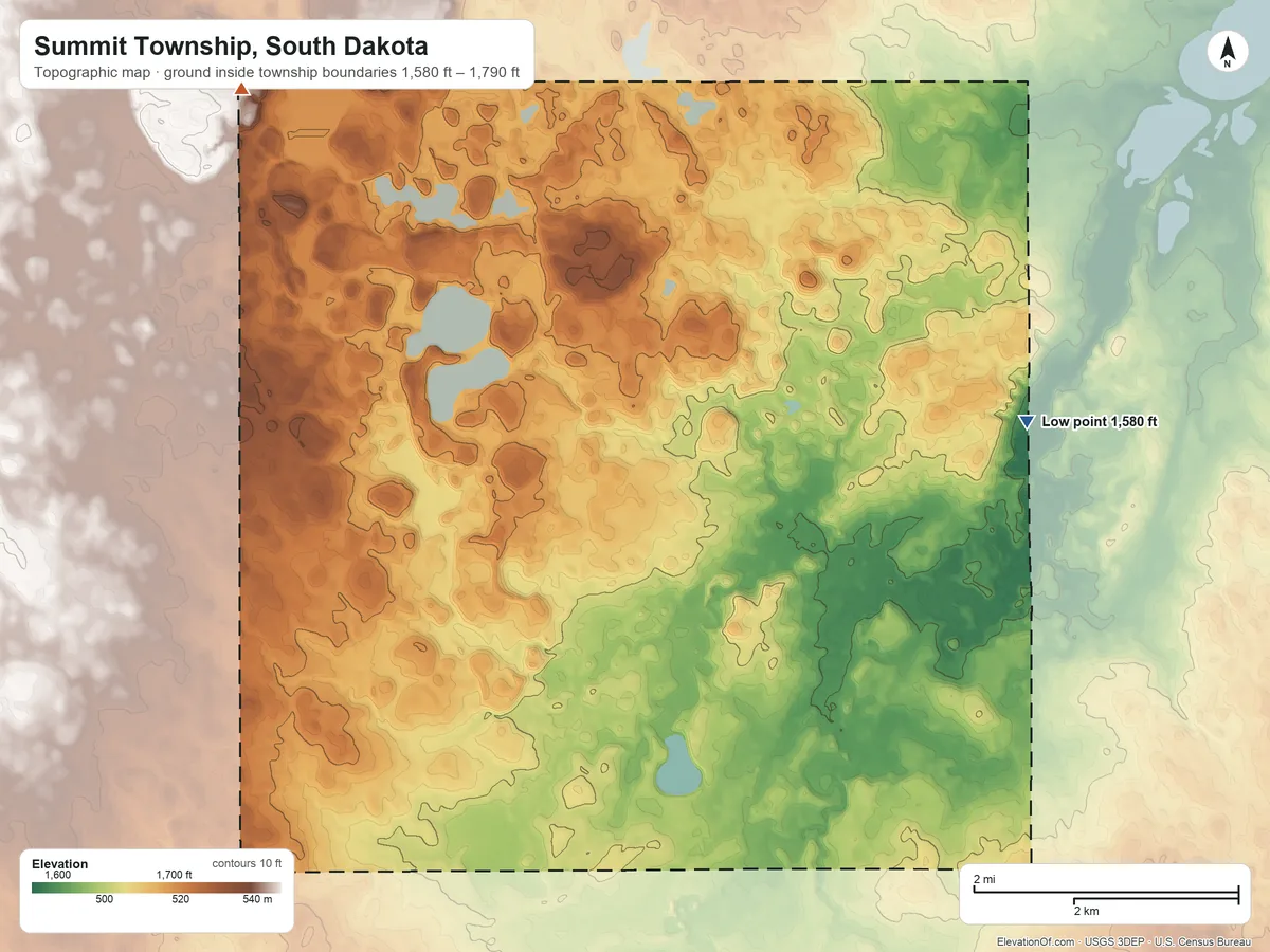 Topographic elevation map of Summit Township, South Dakota, shaded from 1,580 ft on the northeast side to 1,790 ft on the northwest side