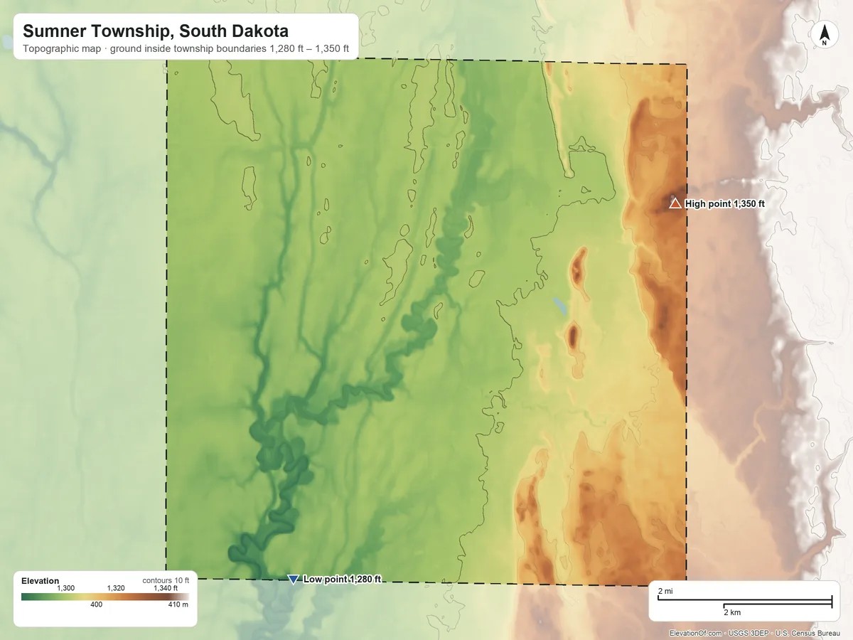 Topographic elevation map of Sumner Township, South Dakota, shaded from 1,280 ft on the southwest side to 1,350 ft on the northeast side