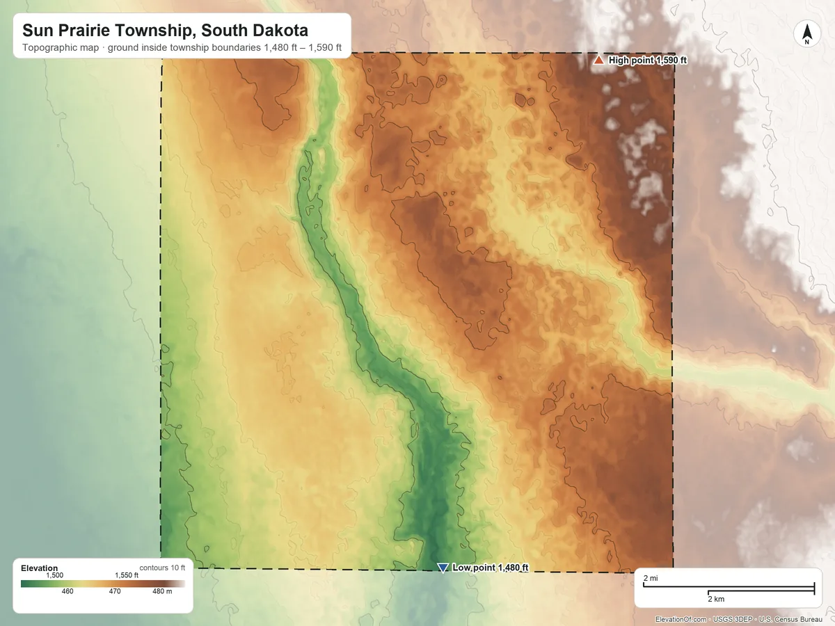 Topographic elevation map of Sun Prairie Township, South Dakota, shaded from 1,480 ft on the south side to 1,590 ft on the northeast side