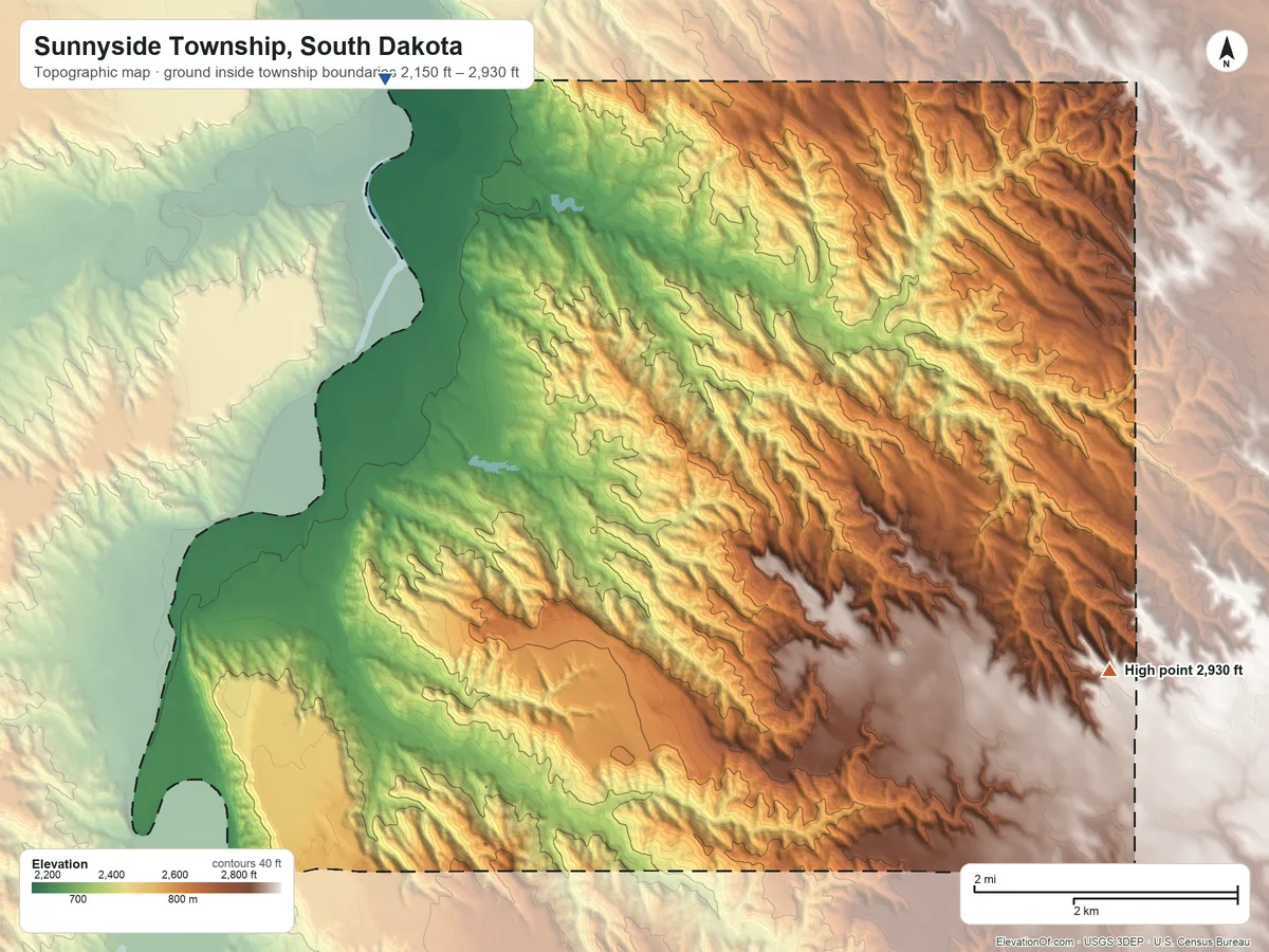 Topographic elevation map of Sunnyside Township, South Dakota, shaded from 2,150 ft on the northwest side to 2,930 ft on the southeast side
