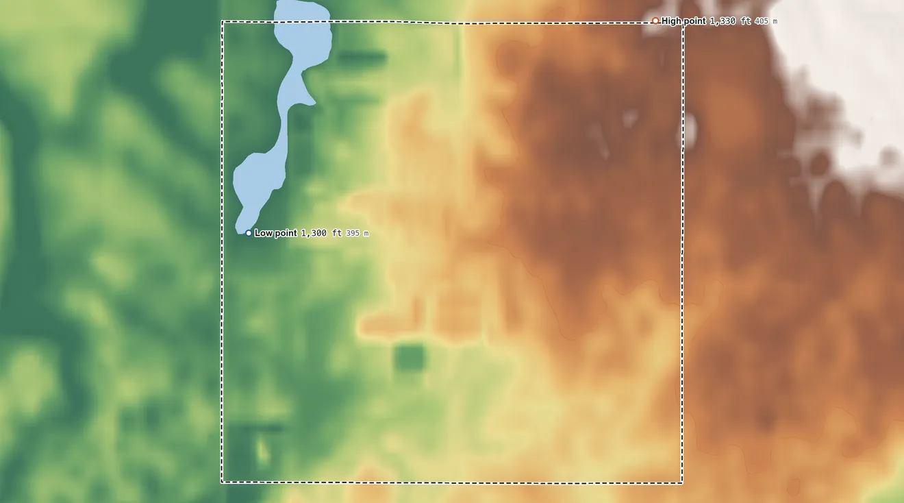 Topographic elevation map of Sunset Colony, South Dakota, shaded from 1,300 ft on the southwest side to 1,330 ft on the northeast side