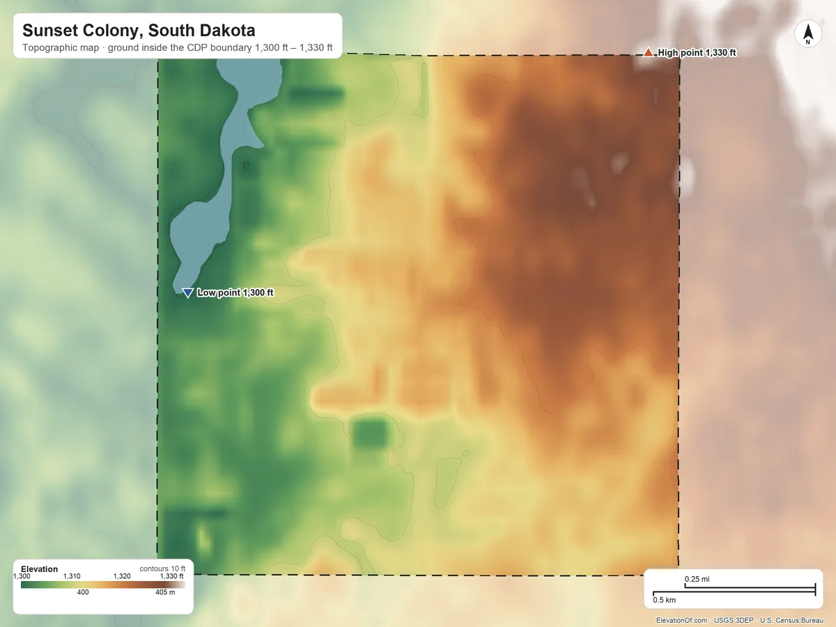Topographic elevation map of Sunset Colony, South Dakota, shaded from 1,300 ft on the southwest side to 1,330 ft on the northeast side