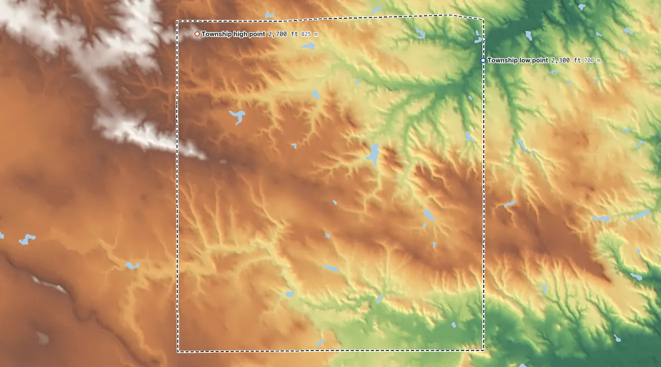 Topographic elevation map of Surprise Valley Township, South Dakota, shaded from 2,300 ft on the northeast side to 2,700 ft on the northwest side