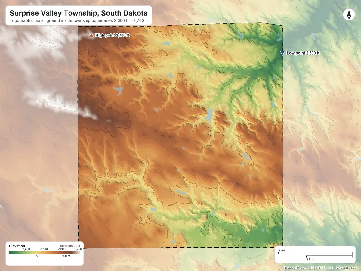 Topographic elevation map of Surprise Valley Township, South Dakota, shaded from 2,300 ft on the northeast side to 2,700 ft on the northwest side