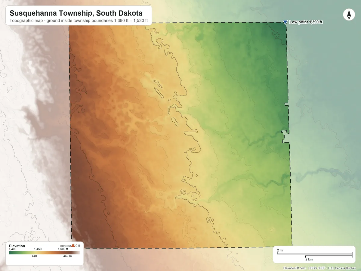 Topographic elevation map of Susquehanna Township, South Dakota, shaded from 1,390 ft on the northeast side to 1,530 ft on the southwest side