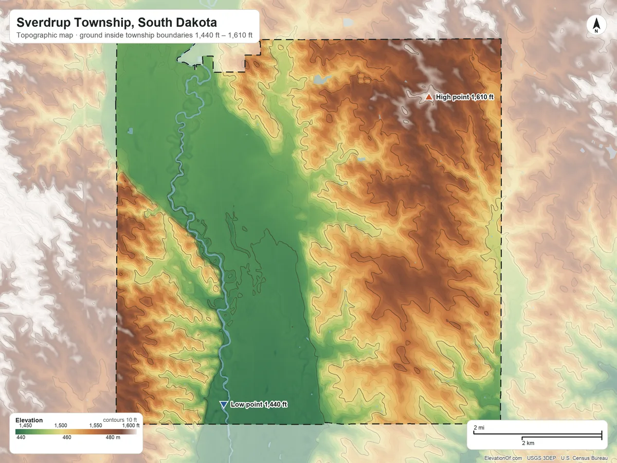 Topographic elevation map of Sverdrup Township, South Dakota, shaded from 1,440 ft on the southwest side to 1,610 ft on the northeast side