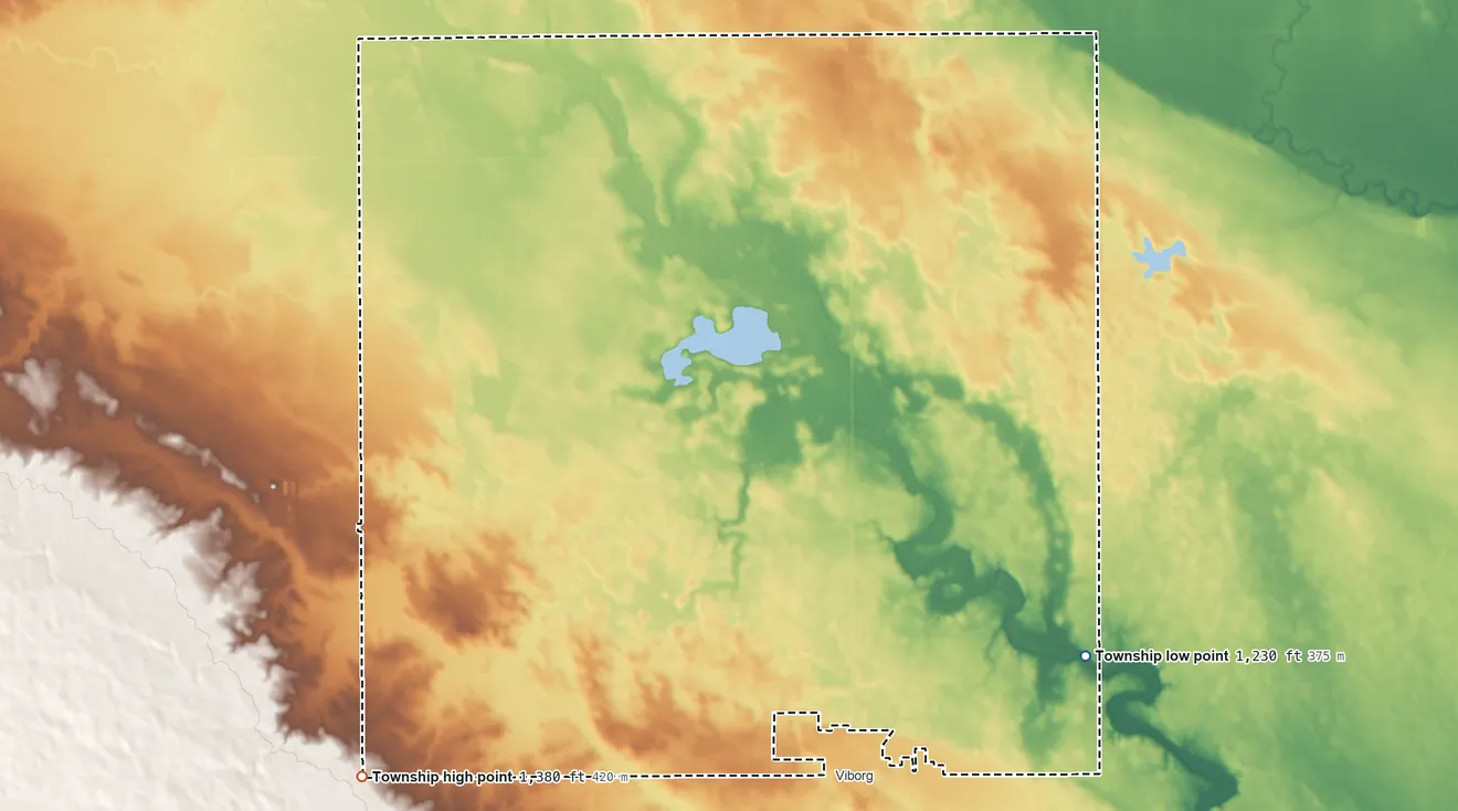 Topographic elevation map of Swan Lake Township, South Dakota, shaded from 1,230 ft on the southeast side to 1,380 ft on the southwest side