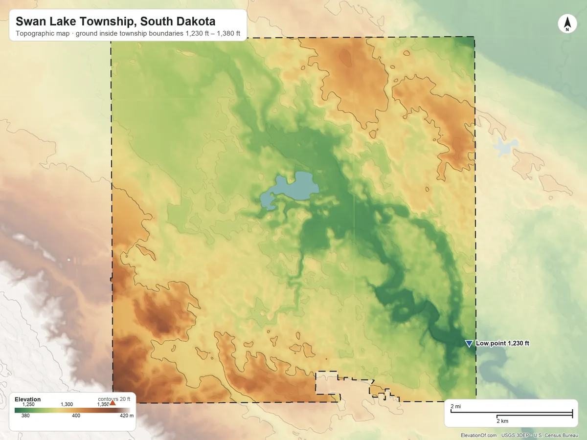 Topographic elevation map of Swan Lake Township, South Dakota, shaded from 1,230 ft on the southeast side to 1,380 ft on the southwest side