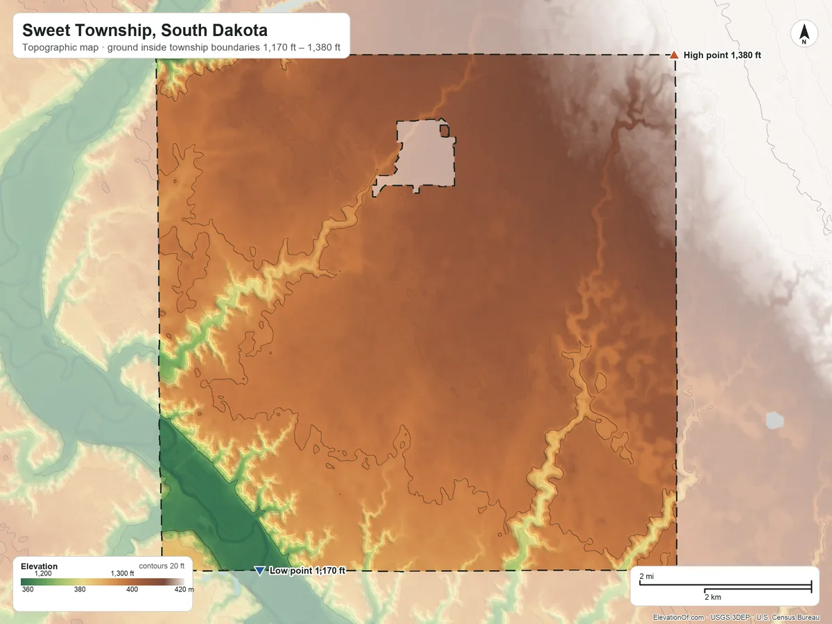Topographic elevation map of Sweet Township, South Dakota, shaded from 1,170 ft on the south side to 1,380 ft on the northeast side