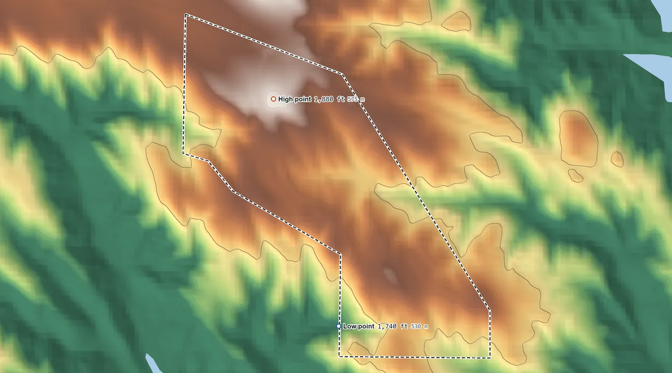 Topographic elevation map of Swift Bird, South Dakota, shaded from 1,740 ft on the south side to 1,880 ft on the north side