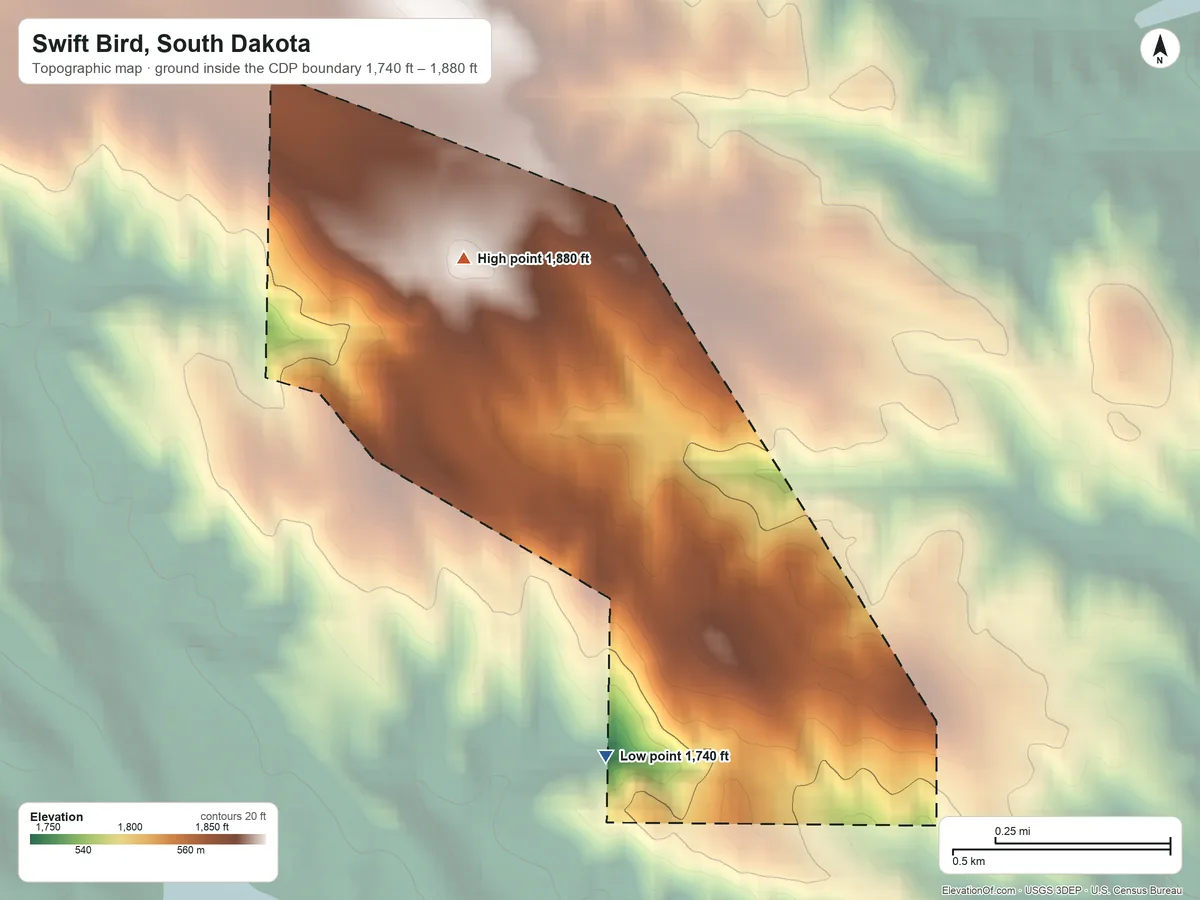 Topographic elevation map of Swift Bird, South Dakota, shaded from 1,740 ft on the south side to 1,880 ft on the north side