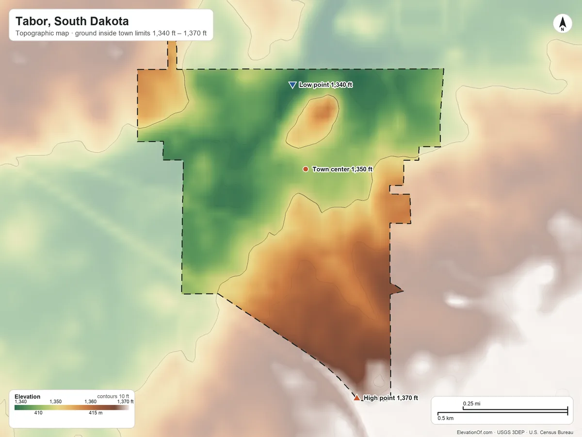 Topographic elevation map of Tabor, South Dakota, shaded from 1,340 ft on the north side to 1,370 ft on the south side