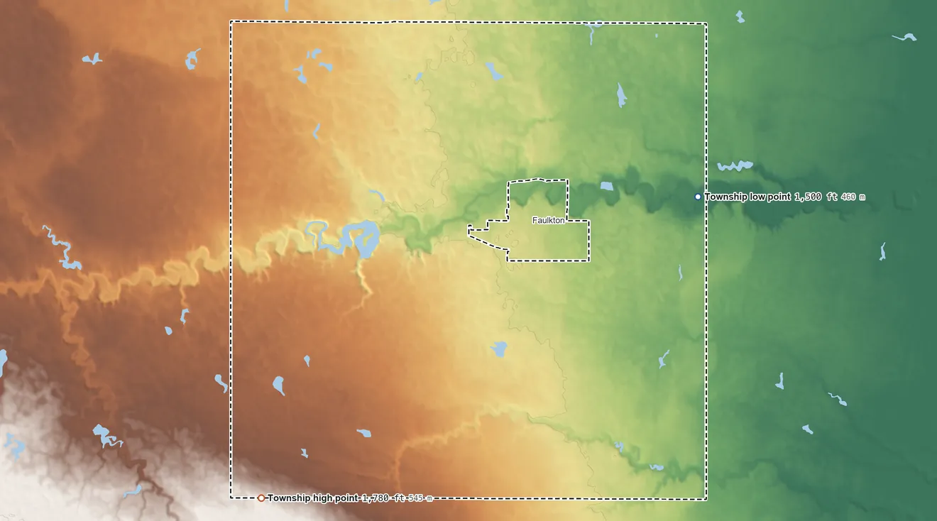 Topographic elevation map of Tamworth Township, South Dakota, shaded from 1,500 ft on the east side to 1,780 ft on the southwest side