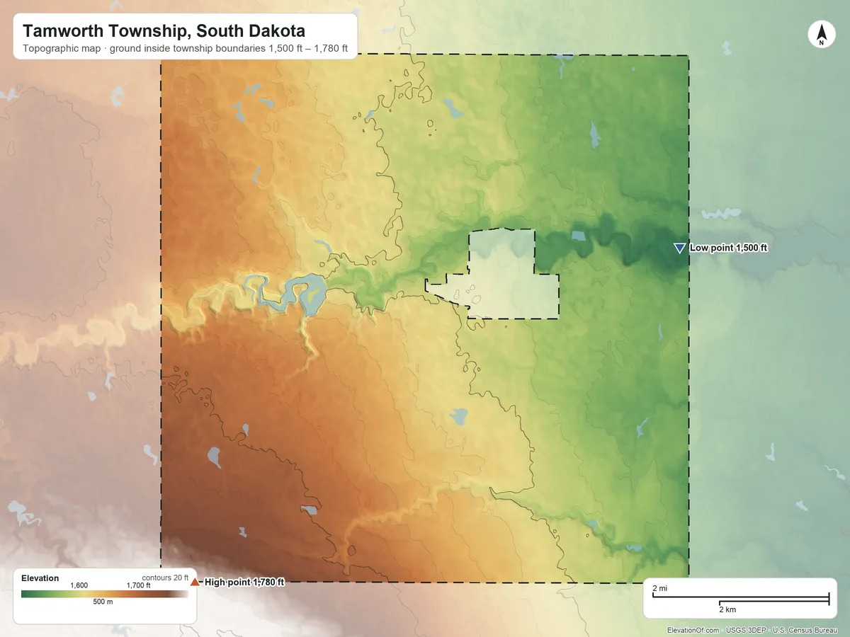Topographic elevation map of Tamworth Township, South Dakota, shaded from 1,500 ft on the east side to 1,780 ft on the southwest side