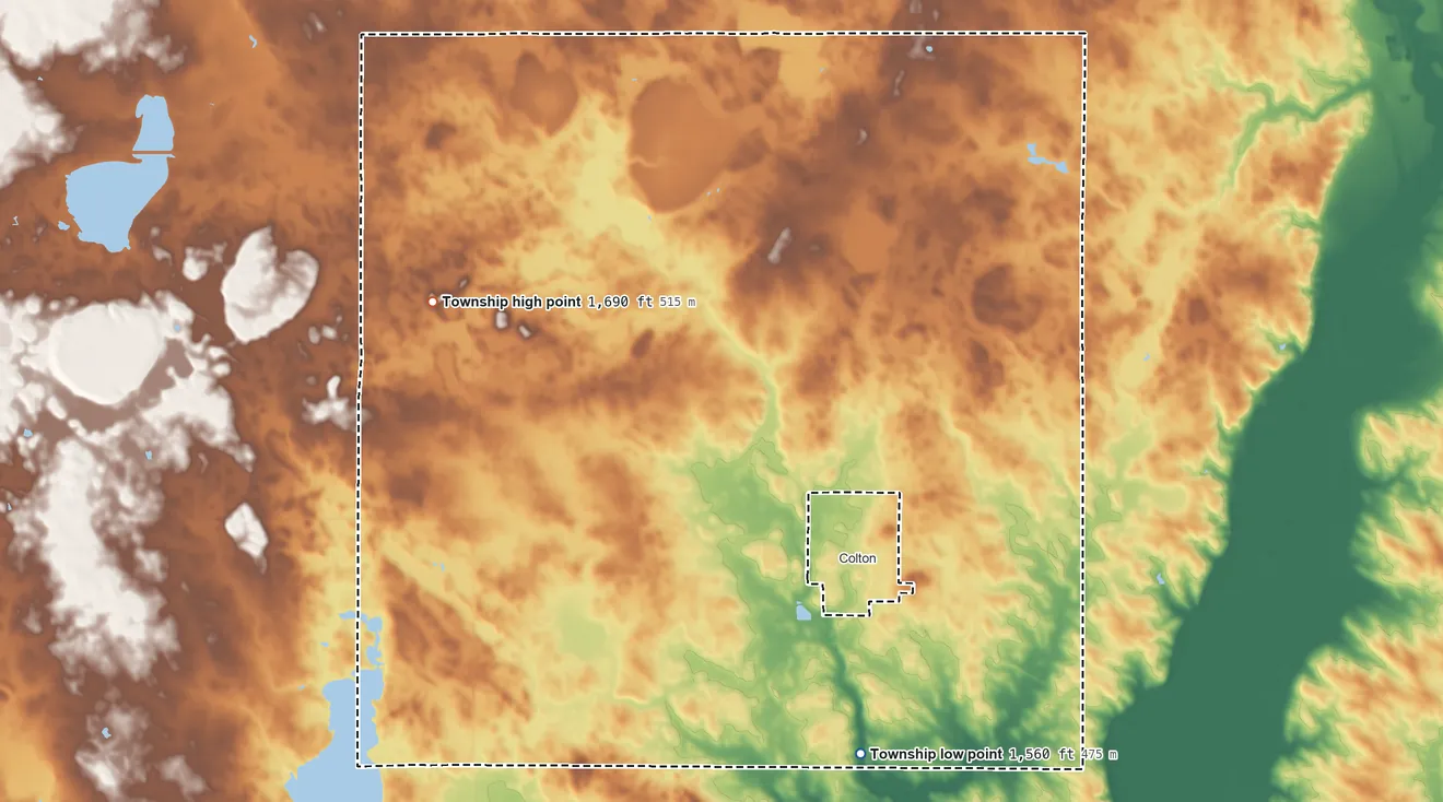 Topographic elevation map of Taopi Township, South Dakota, shaded from 1,560 ft on the south side to 1,690 ft on the northwest side