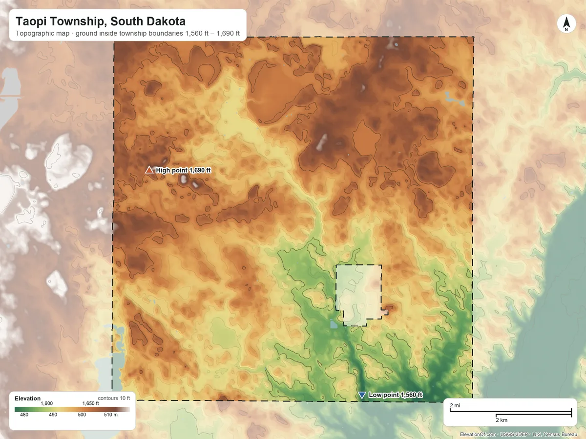 Topographic elevation map of Taopi Township, South Dakota, shaded from 1,560 ft on the south side to 1,690 ft on the northwest side