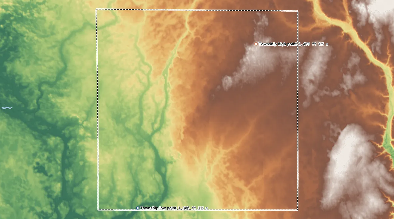 Topographic elevation map of Taylor Township, South Dakota, shaded from 1,300 ft on the southwest side to 1,400 ft on the northeast side