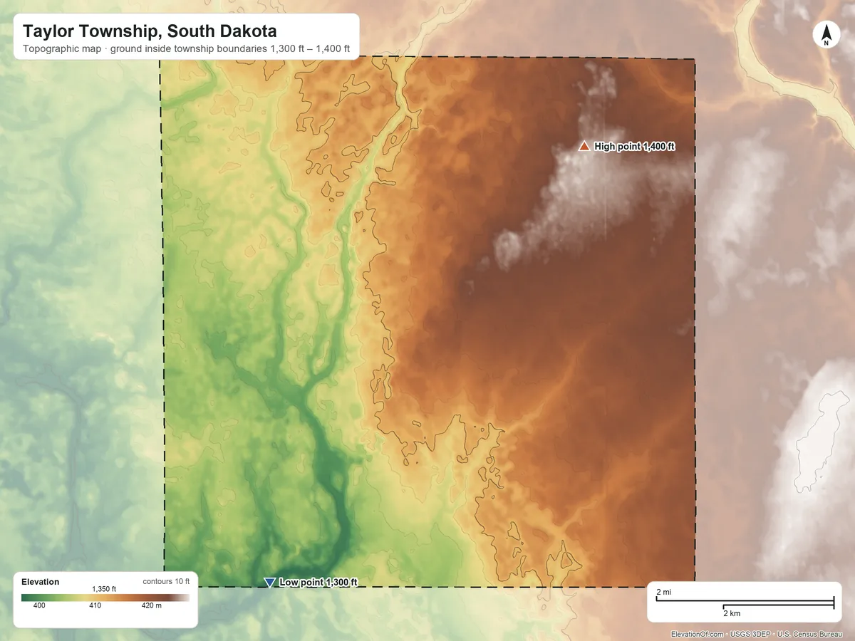 Topographic elevation map of Taylor Township, South Dakota, shaded from 1,300 ft on the southwest side to 1,400 ft on the northeast side