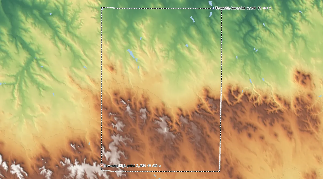 Topographic elevation map of Taylor Township, Tripp County, South Dakota, shaded from 2,190 ft on the northeast side to 2,640 ft on the southwest side