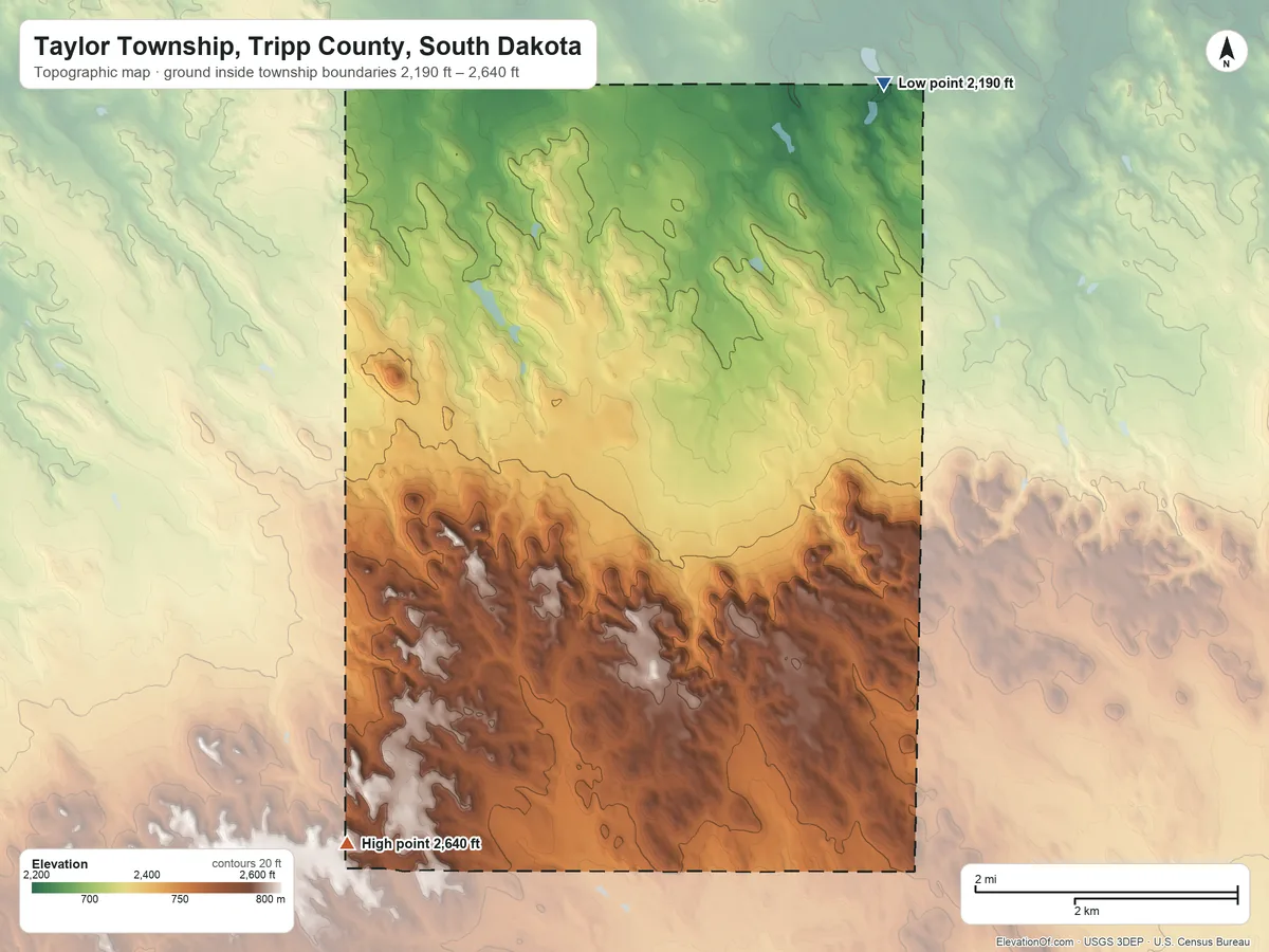 Topographic elevation map of Taylor Township, Tripp County, South Dakota, shaded from 2,190 ft on the northeast side to 2,640 ft on the southwest side