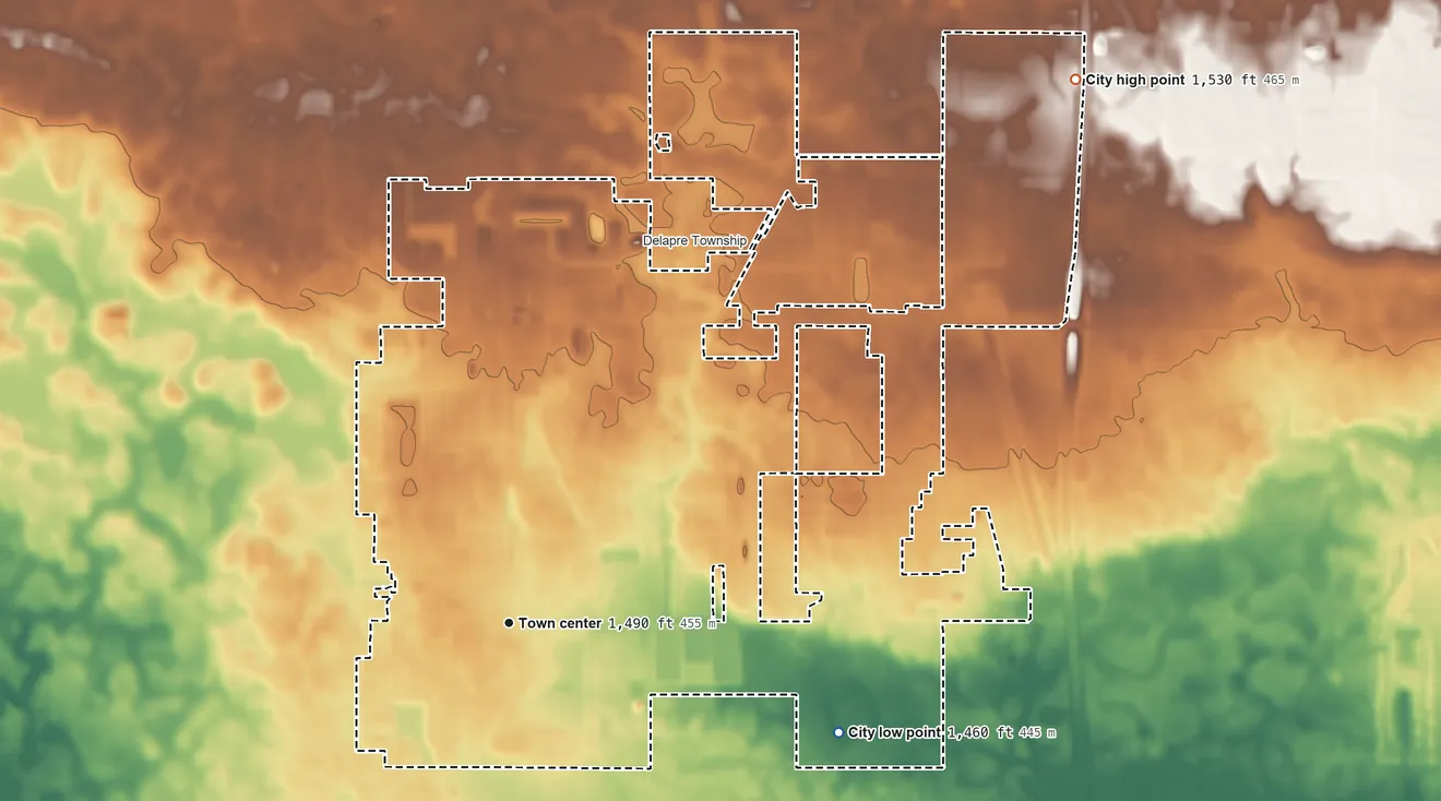 Topographic elevation map of Tea, South Dakota, shaded from 1,460 ft on the east side to 1,530 ft on the northeast side