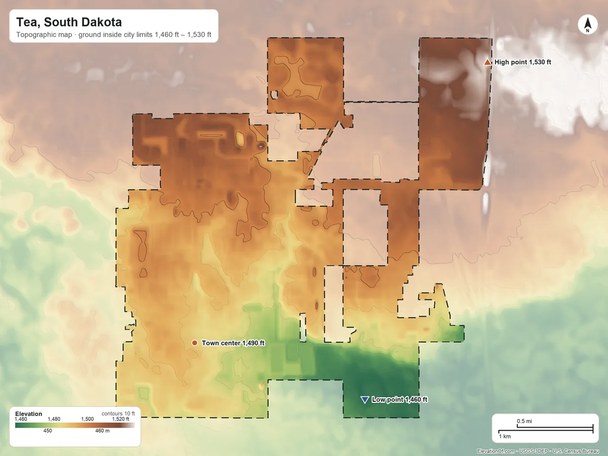 Topographic elevation map of Tea, South Dakota, shaded from 1,460 ft on the east side to 1,530 ft on the northeast side
