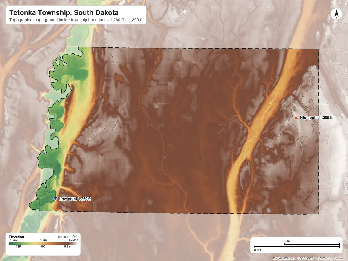 Topographic elevation map of Tetonka Township, South Dakota, shaded from 1,260 ft on the southwest side to 1,300 ft on the east side