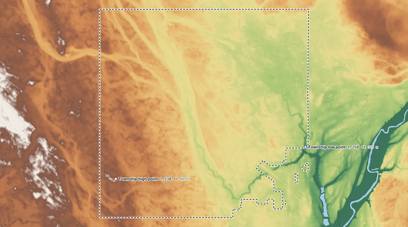 Topographic elevation map of Theresa Township, South Dakota, shaded from 1,260 ft on the east side to 1,330 ft on the west side