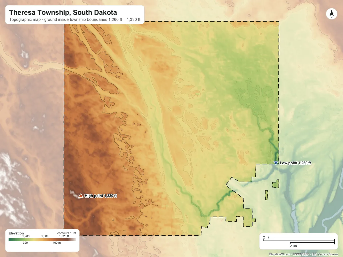 Topographic elevation map of Theresa Township, South Dakota, shaded from 1,260 ft on the east side to 1,330 ft on the west side
