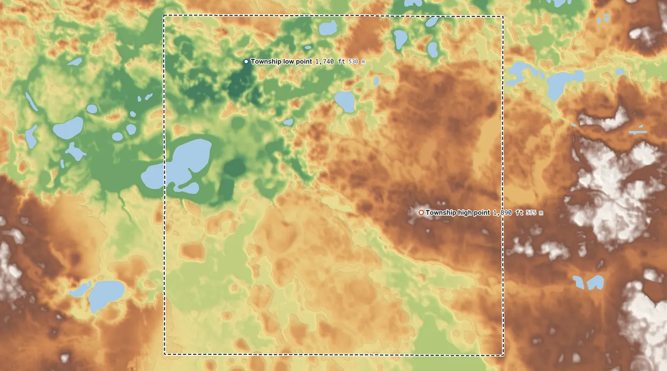 Topographic elevation map of Thorp Township, South Dakota, shaded from 1,740 ft on the northwest side to 1,890 ft on the east side