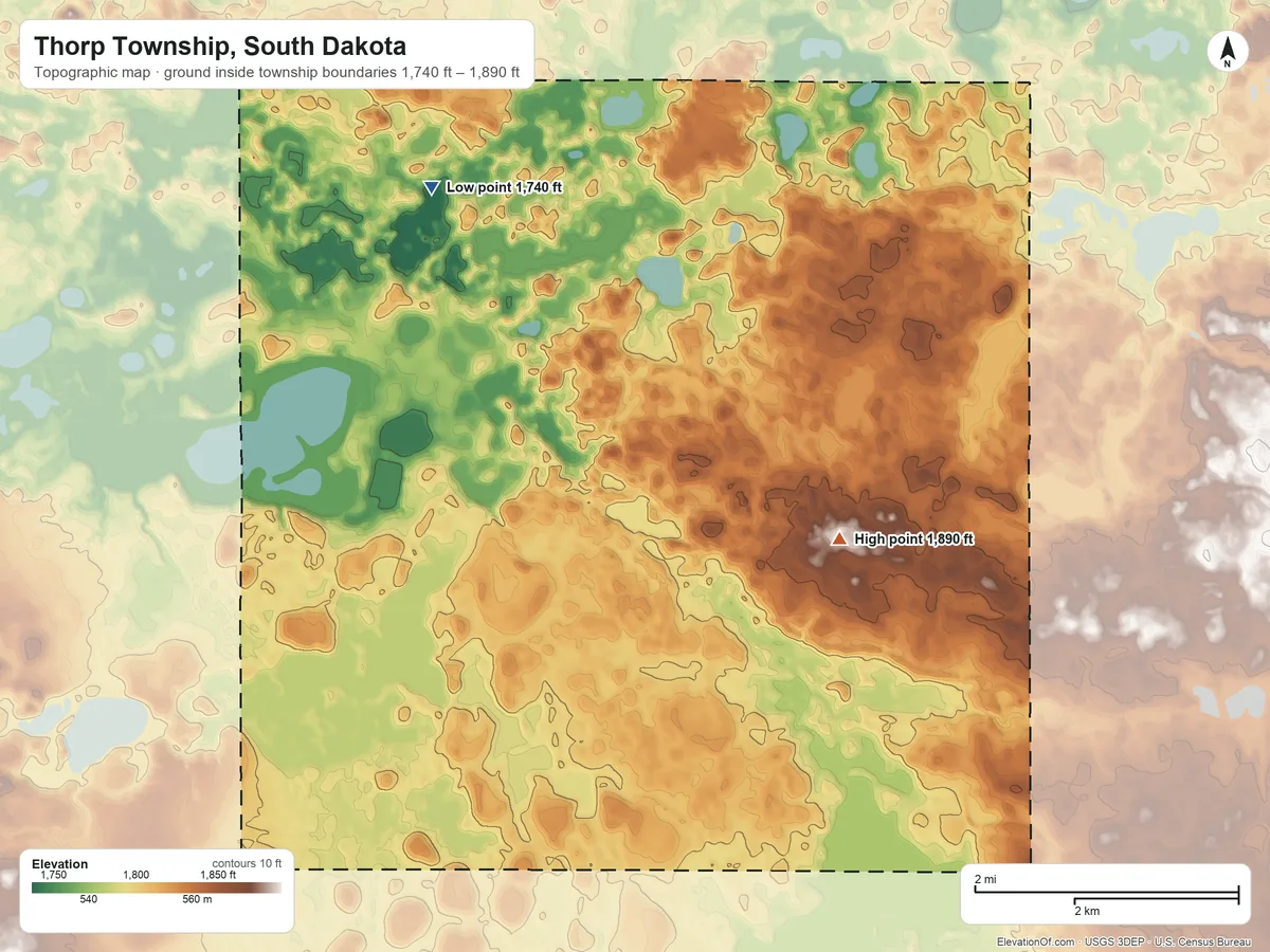 Topographic elevation map of Thorp Township, South Dakota, shaded from 1,740 ft on the northwest side to 1,890 ft on the east side