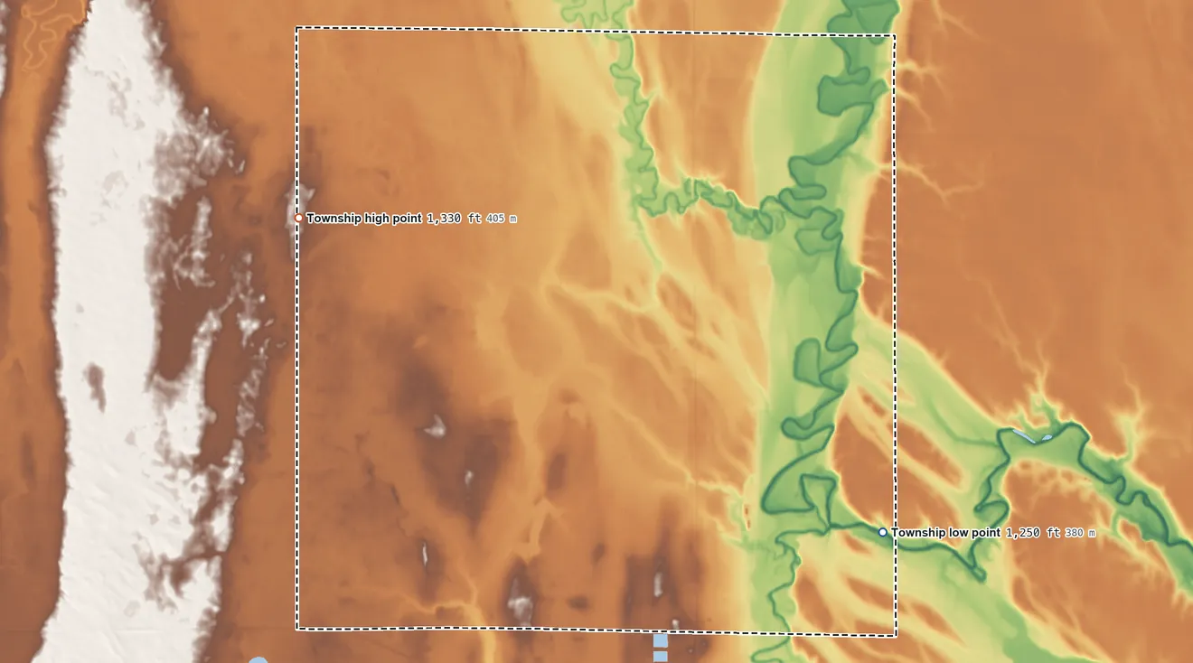 Topographic elevation map of Three Rivers Township, South Dakota, shaded from 1,250 ft on the east side to 1,330 ft on the northwest side