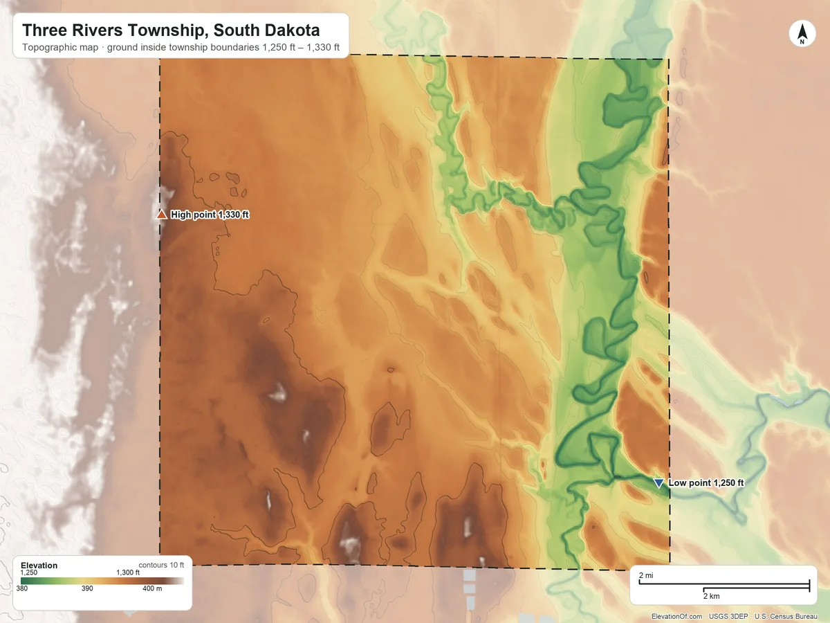 Topographic elevation map of Three Rivers Township, South Dakota, shaded from 1,250 ft on the east side to 1,330 ft on the northwest side