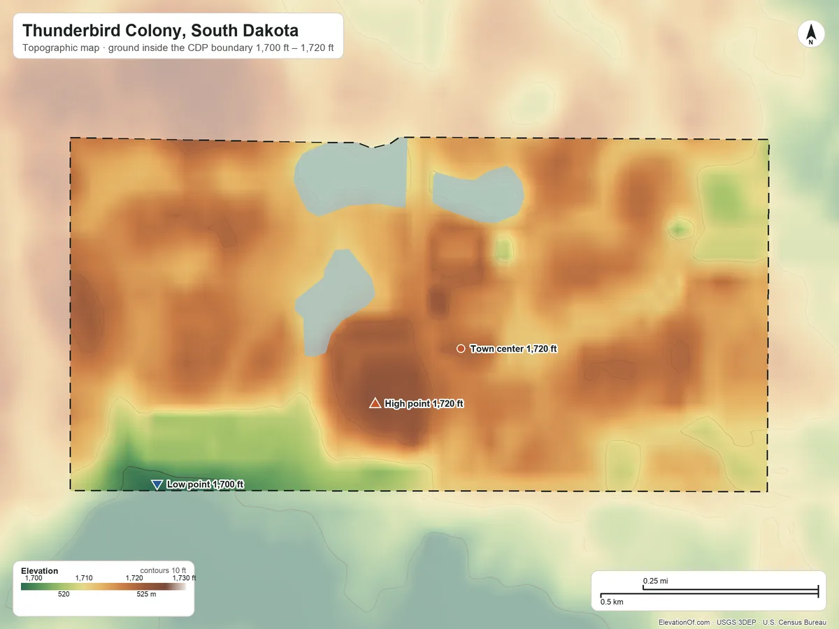 Topographic elevation map of Thunderbird Colony, South Dakota, shaded from 1,700 ft on the southwest side to 1,720 ft on the southwest side