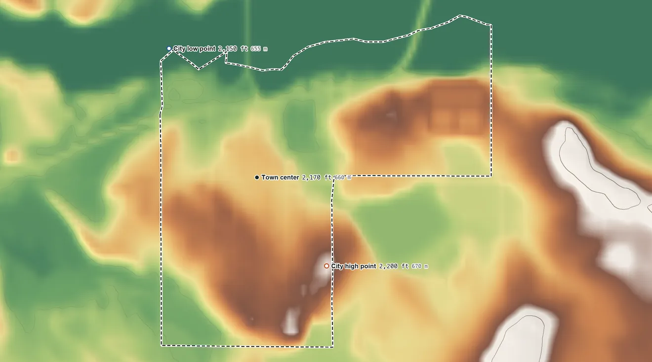 Topographic elevation map of Timber Lake, South Dakota, shaded from 2,150 ft on the northwest side to 2,200 ft on the southeast side