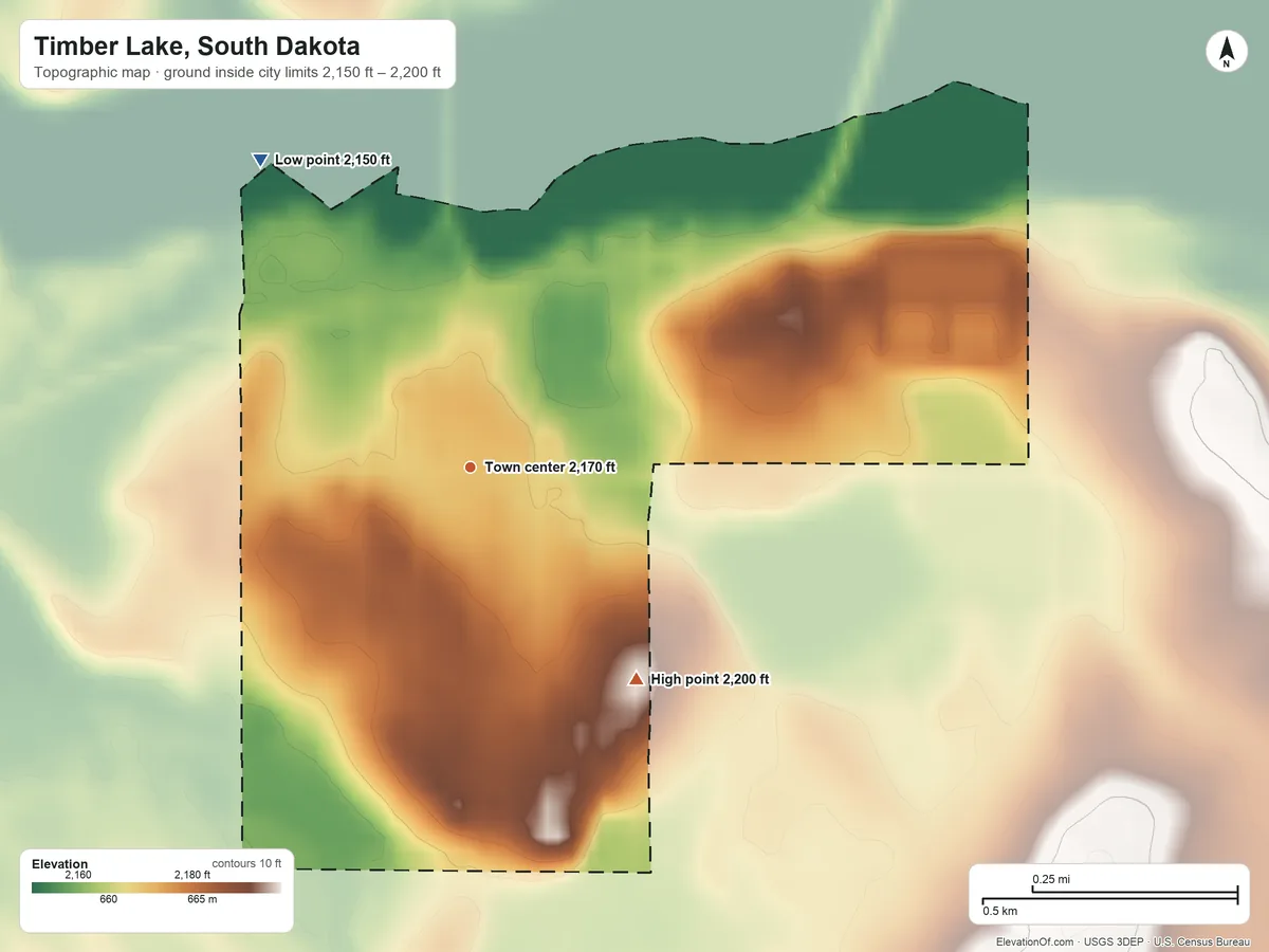 Topographic elevation map of Timber Lake, South Dakota, shaded from 2,150 ft on the northwest side to 2,200 ft on the southeast side