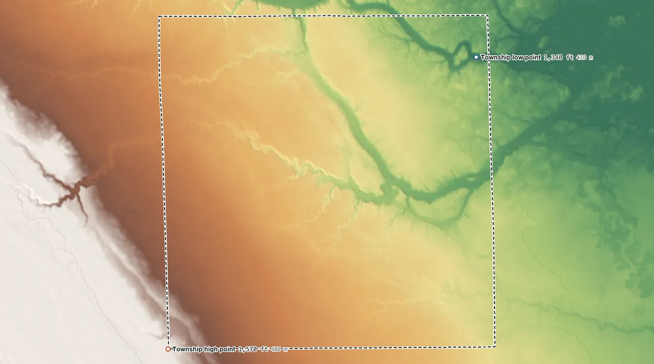 Topographic elevation map of Tobin Township, South Dakota, shaded from 1,340 ft on the northeast side to 1,570 ft on the southwest side