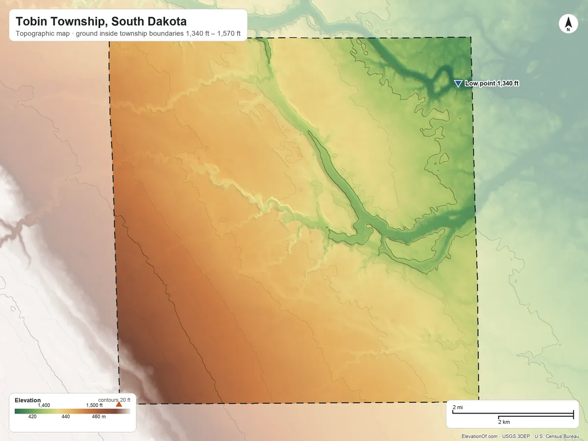 Topographic elevation map of Tobin Township, South Dakota, shaded from 1,340 ft on the northeast side to 1,570 ft on the southwest side