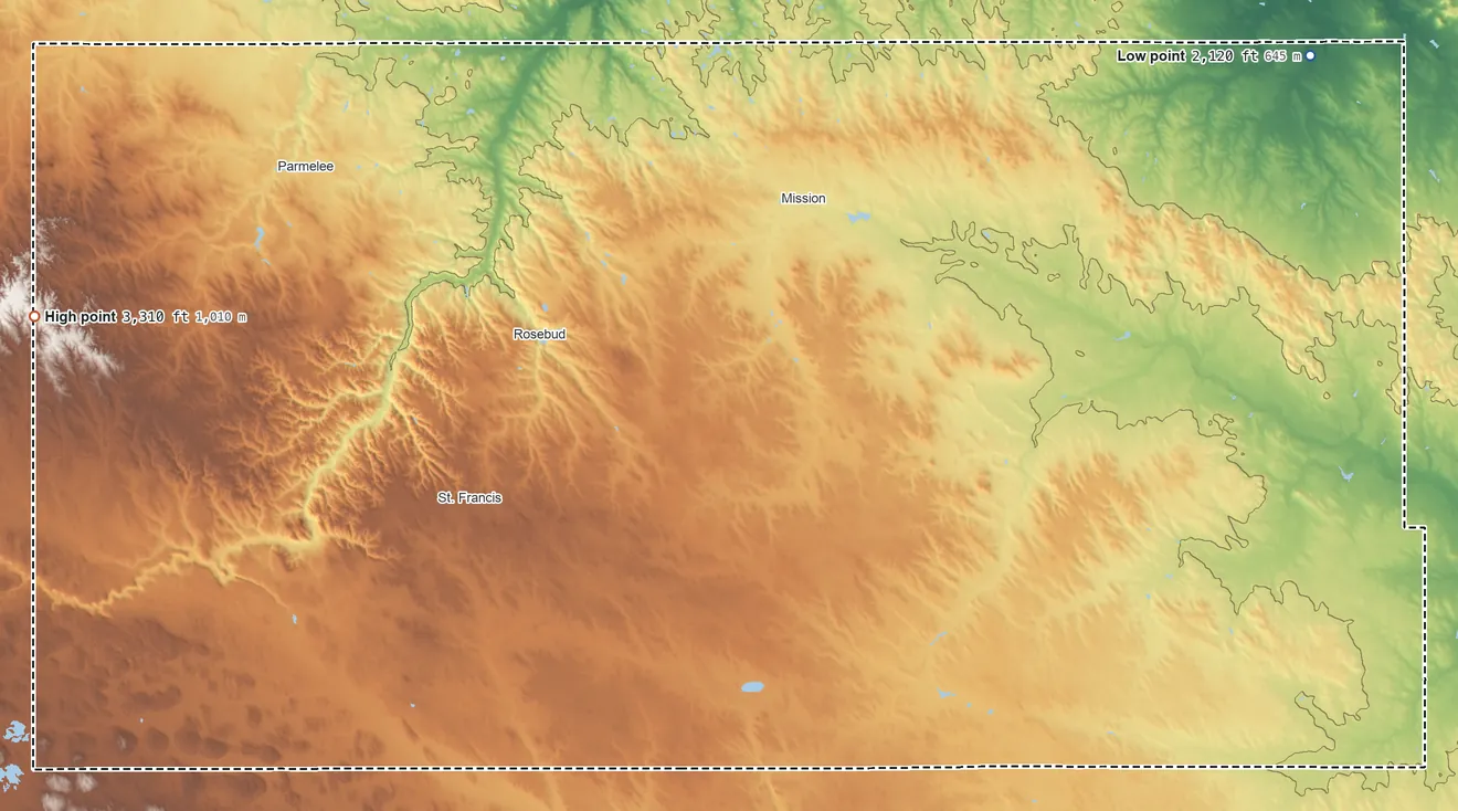 Topographic elevation map of Todd County, South Dakota, shaded from 2,120 ft on the northeast side to 3,310 ft on the west side