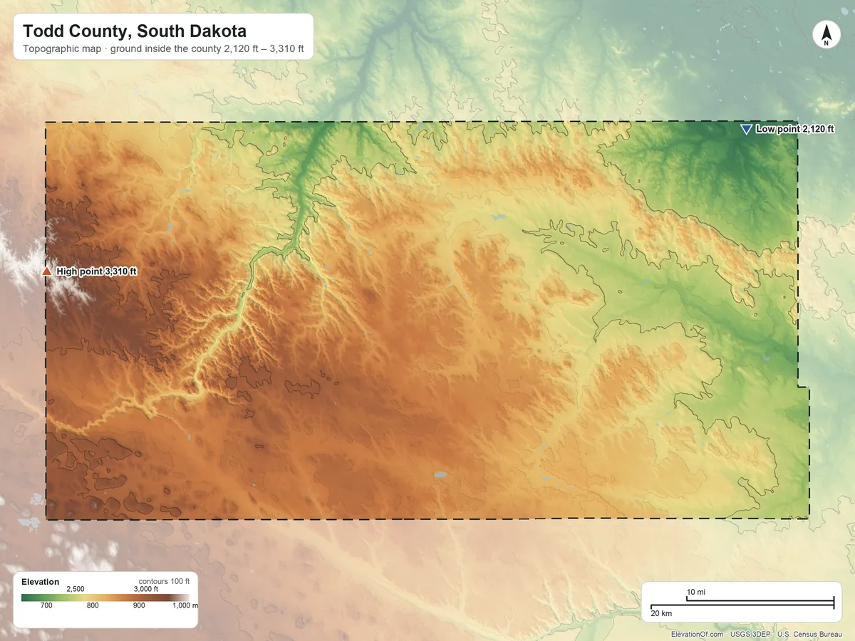 Topographic elevation map of Todd County, South Dakota, shaded from 2,120 ft on the northeast side to 3,310 ft on the west side