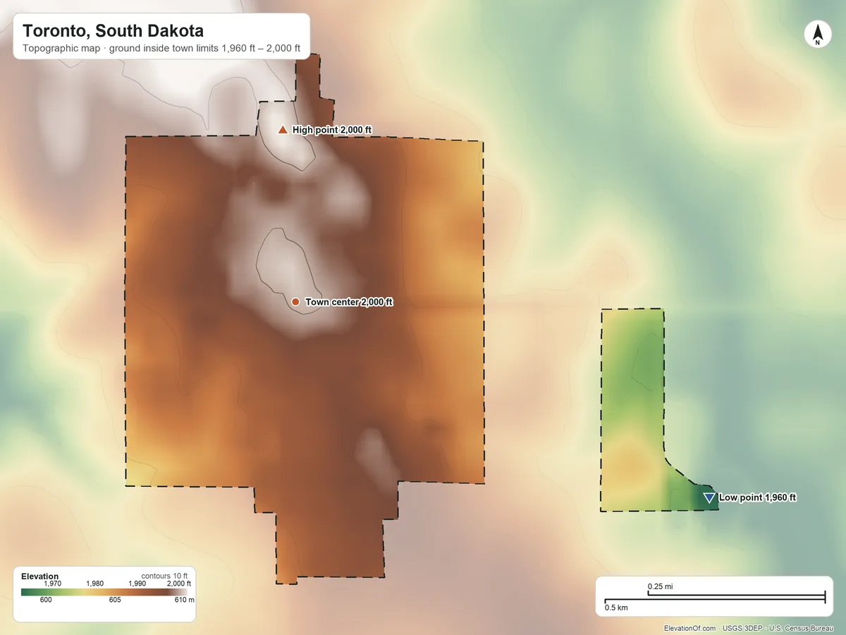 Topographic elevation map of Toronto, South Dakota, shaded from 1,960 ft on the southeast side to 2,000 ft on the north side