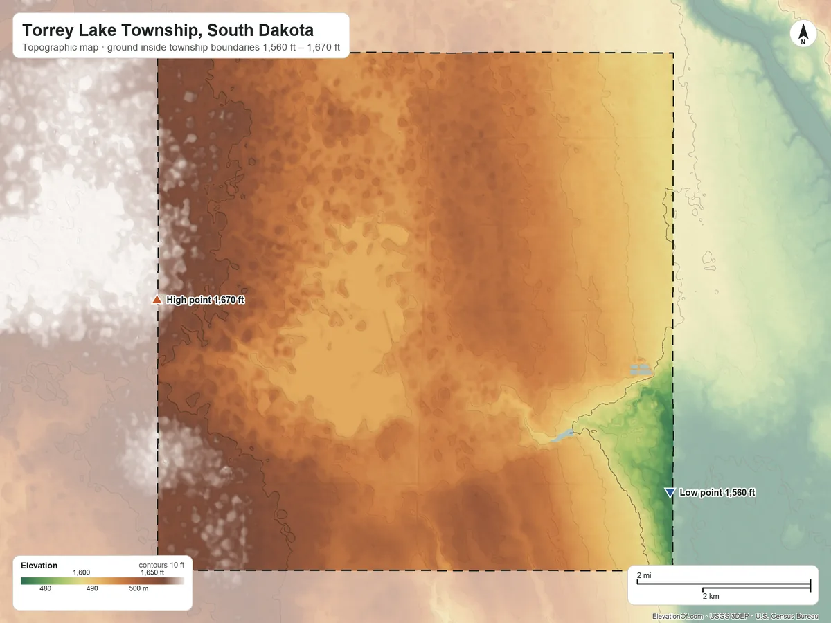 Topographic elevation map of Torrey Lake Township, South Dakota, shaded from 1,560 ft on the southeast side to 1,670 ft on the west side