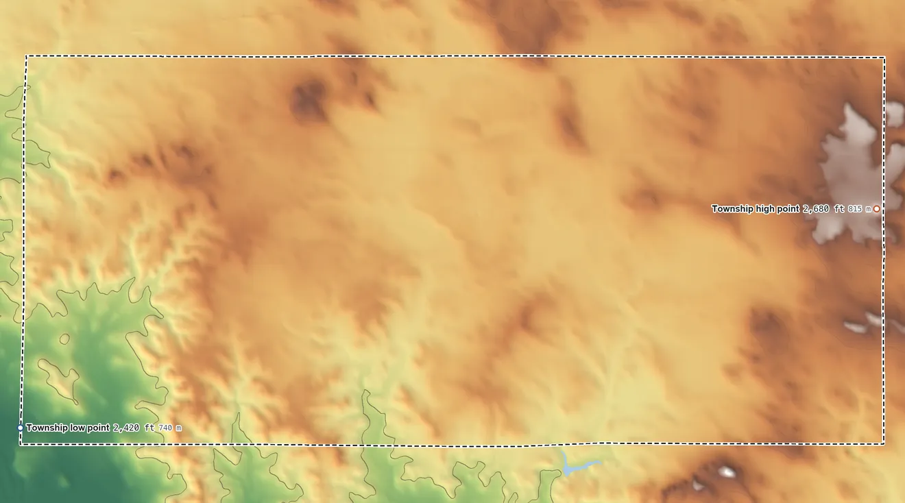 Topographic elevation map of Trail Township, South Dakota, shaded from 2,420 ft on the west side to 2,680 ft on the east side