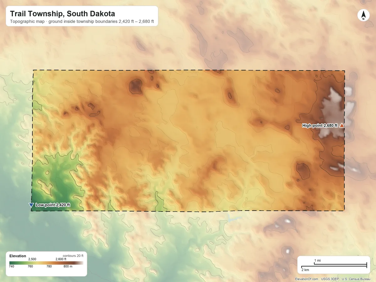Topographic elevation map of Trail Township, South Dakota, shaded from 2,420 ft on the west side to 2,680 ft on the east side