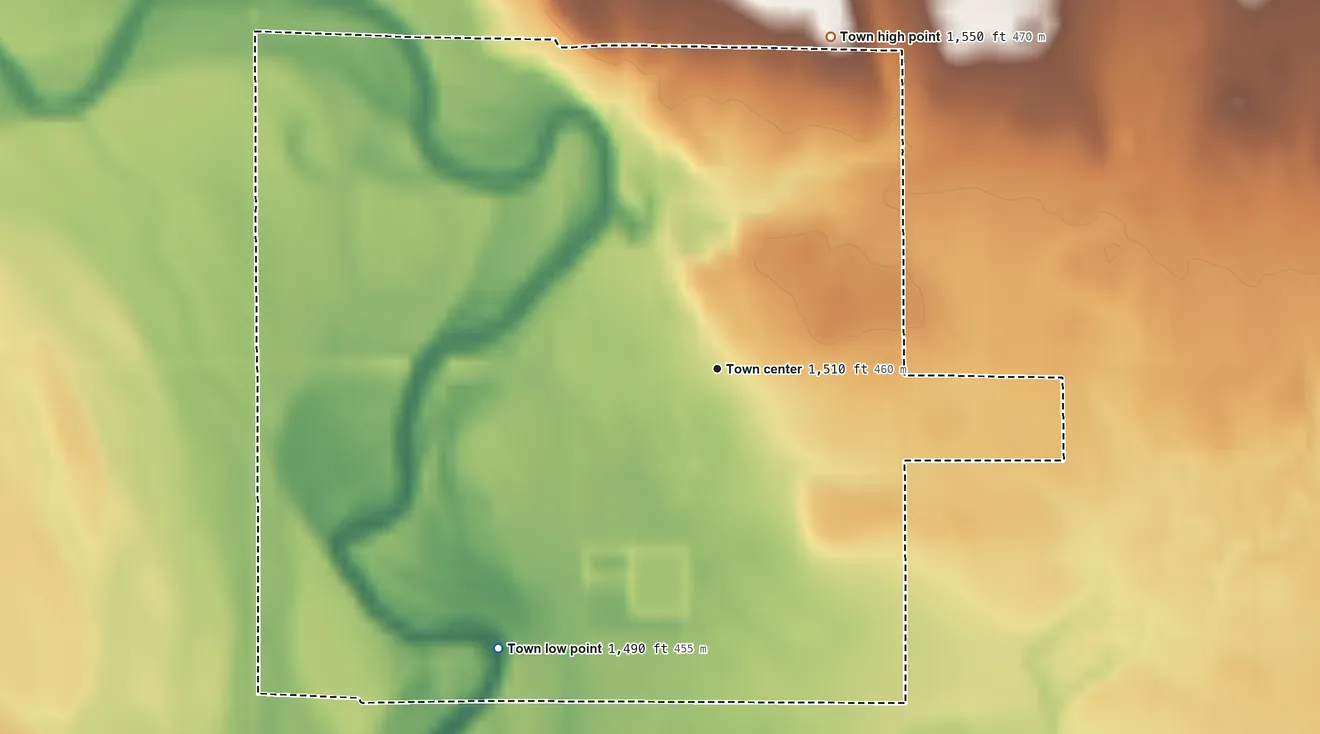 Topographic elevation map of Trent, South Dakota, shaded from 1,490 ft on the southwest side to 1,550 ft on the north side